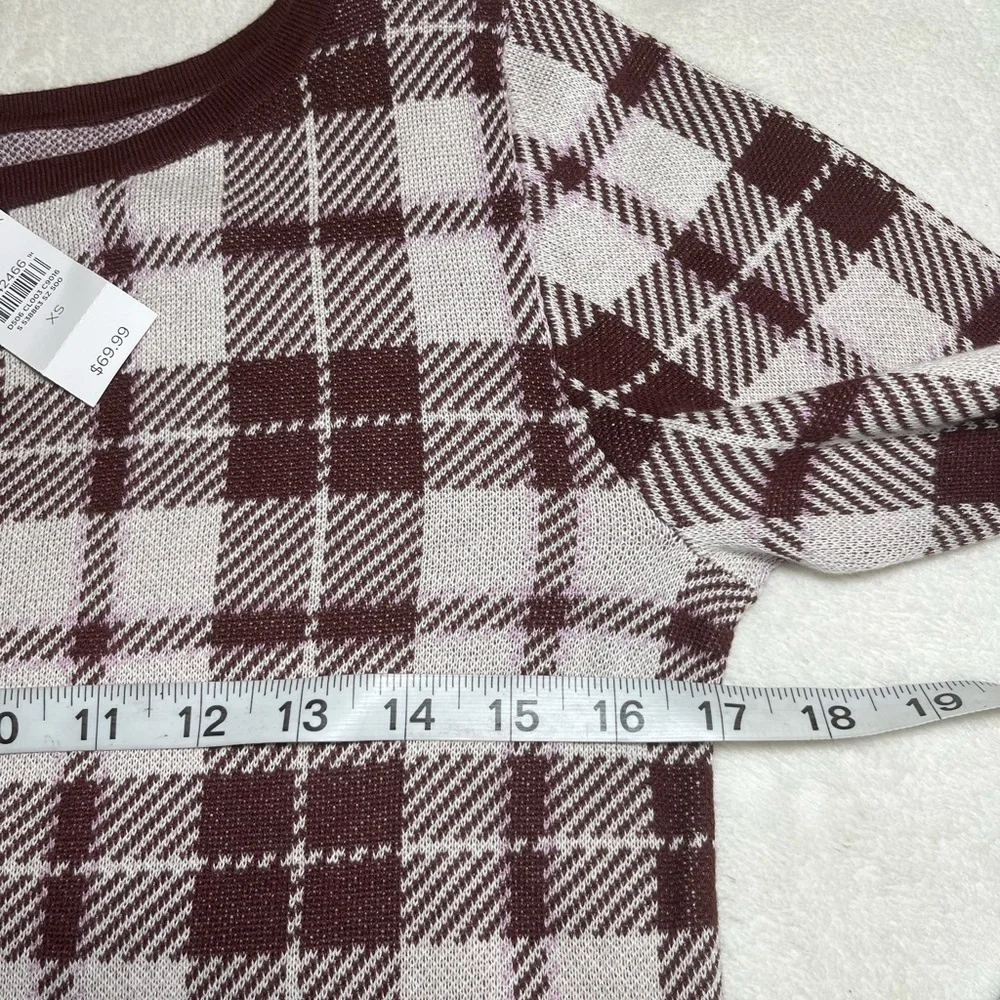Ann Taylor Factory Burgundy/Cream Plaid Knit Long Sleeve Crew Neck Sweater Sz XS - Picture 5 of 7